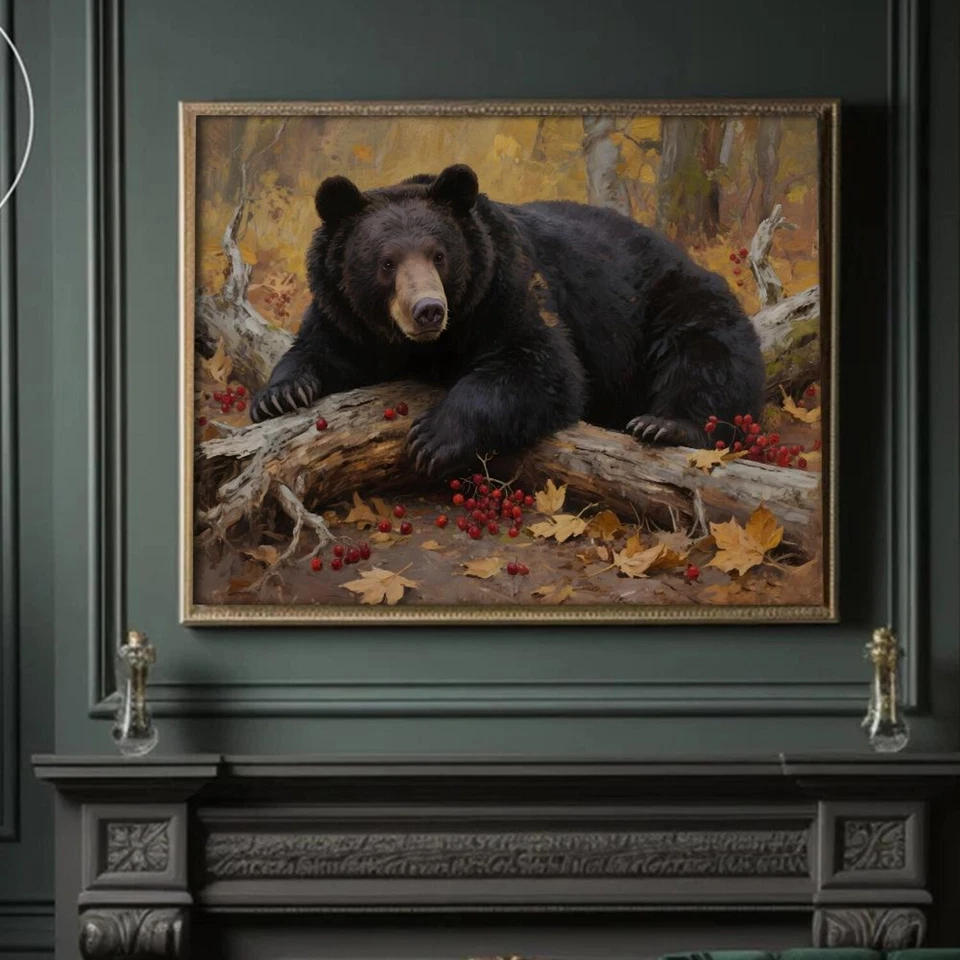 Impresión de bosque de oso negro en otoño - arte de pared rústico de vida silvestre decoración de cabaña Foto 2 de 4