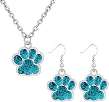 Paw Necklace and Earrings Set for Women Glitter Cute Dog Cat Pet Paw Print Penda