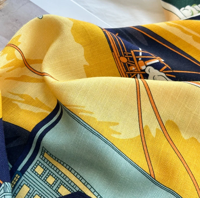 70% Cashmere 30% Silk Wrap Scarf Yellow ship Print Double Face Print Shawl 53'' - Image 4 of 4