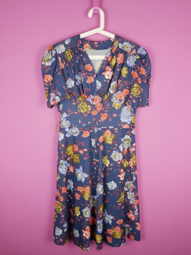 VINTAGE 70s 80s Blue Floral Flare Knee Retro Midi cottagecore Dress Medium 12 14 - Picture 2 of 10