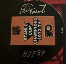 Bernie Parent signed Puck Philadelphia Flyers autographed NHL Banner 73-74