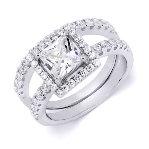 14k White Gold Sterling Princess Diamond cut Engagement Ring Wedding ...