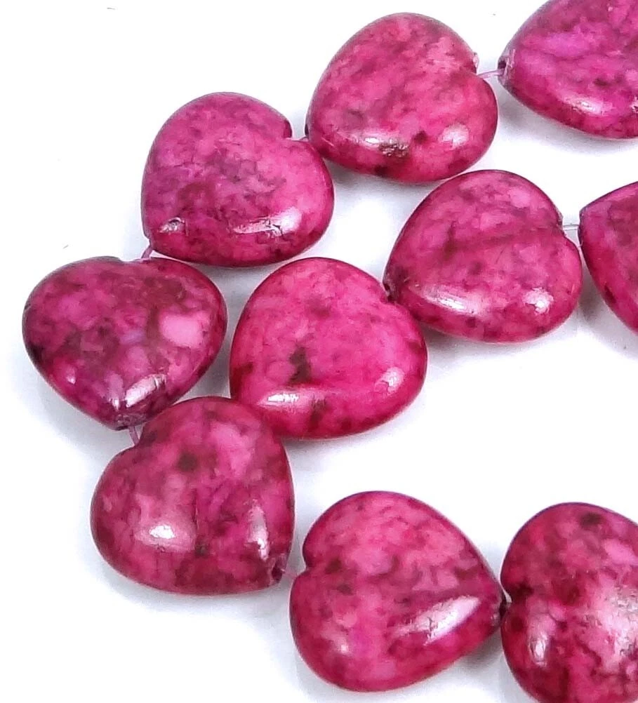 12 Rain Flower Stone Fuchsia Pink Heart Beads 15mm