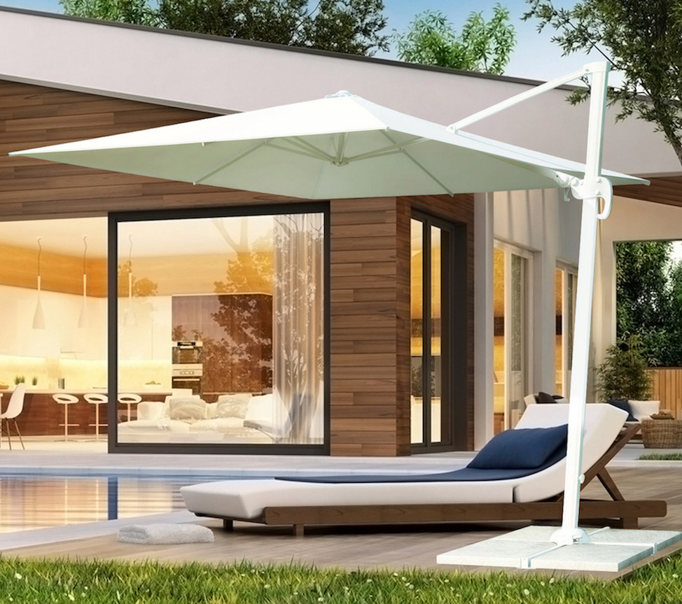 Ombrellone Da Giardino 3x3 Mt Palo Decentrato - In Acciaio, Telo Idrorepellente, Colore Beige, Per Piscina Terrazza Bar