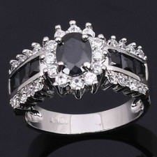 Wonens Black Onyx CZ Evening / Wedding Gift Ring Sz 9 Solid Silver Filled