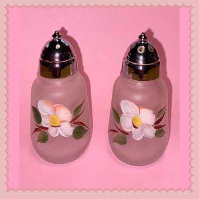 Vtg 40 s Hazel Atlas Satin Glass Hand Painted Flower Salt Pepper Shakers SET  