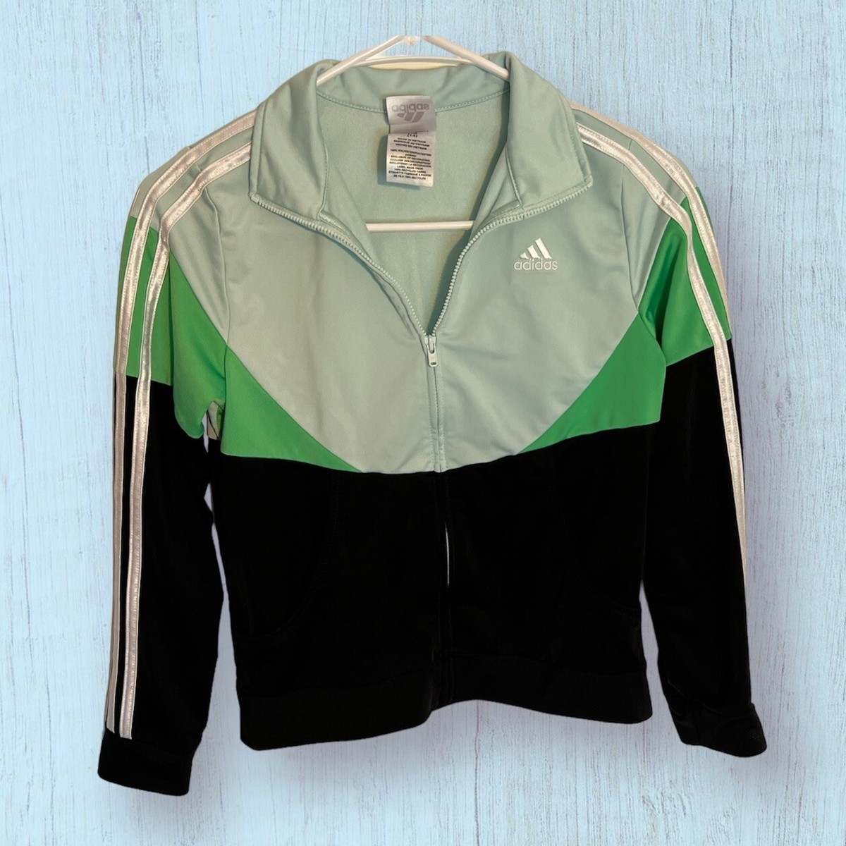 Adidas Front Zipper Mint Green Black Color Block Jacket Girls Size LG