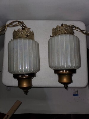 Opalescent Double Pendant Swag Lamp Light Fixture Lantern Hollywood Regency Wire