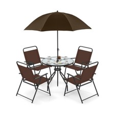 6Pcs Patio Outdoor Dining Folding Chairs Glass Table Set Tilt Umbrella Garden