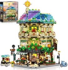 1876PCS Flower Cafe House Building Set with Lights, City Street Corner Shop