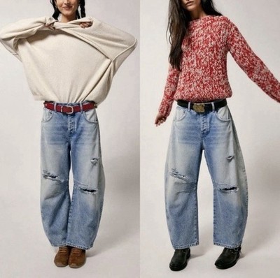 Free People Good Luck DistressedBarrel Leg Wide Darted Jeans