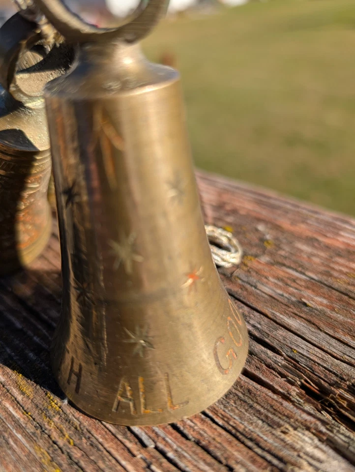 Vintage Brass Bells of Sarna India Etched Graduated "With All Good Wishes" - Image 3 of 4