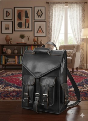 15'' Black Leather Goat Genuine Vintage Messenger Updated Bag Backpack Rucksack