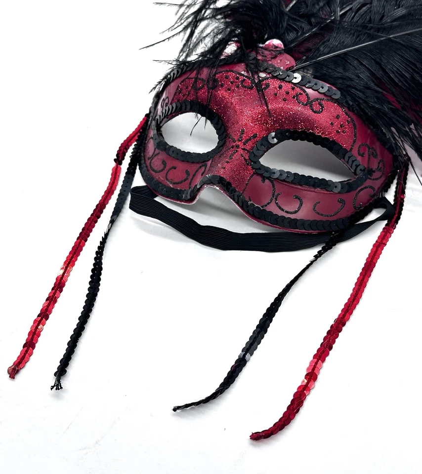 Venetian Style Masquerade Feathered Half Mask Red Black Sequins Halloween GUC - Image 4 of 4