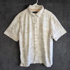 Quiksilver Waterman Shirt Men L Beige White Hawaiian Tribal Short Sleeve Casual
