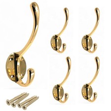  Pack of 5 Soild Brass Wall Hooks for Hanging, Antique Brass Coat Hooks, Hoo...