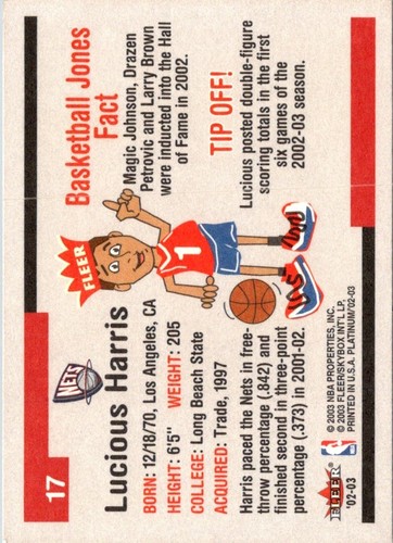 2002 Fleer Platinum Lucious Harris #17 New Jersey Nets Basketball Card - Picture 2 of 2