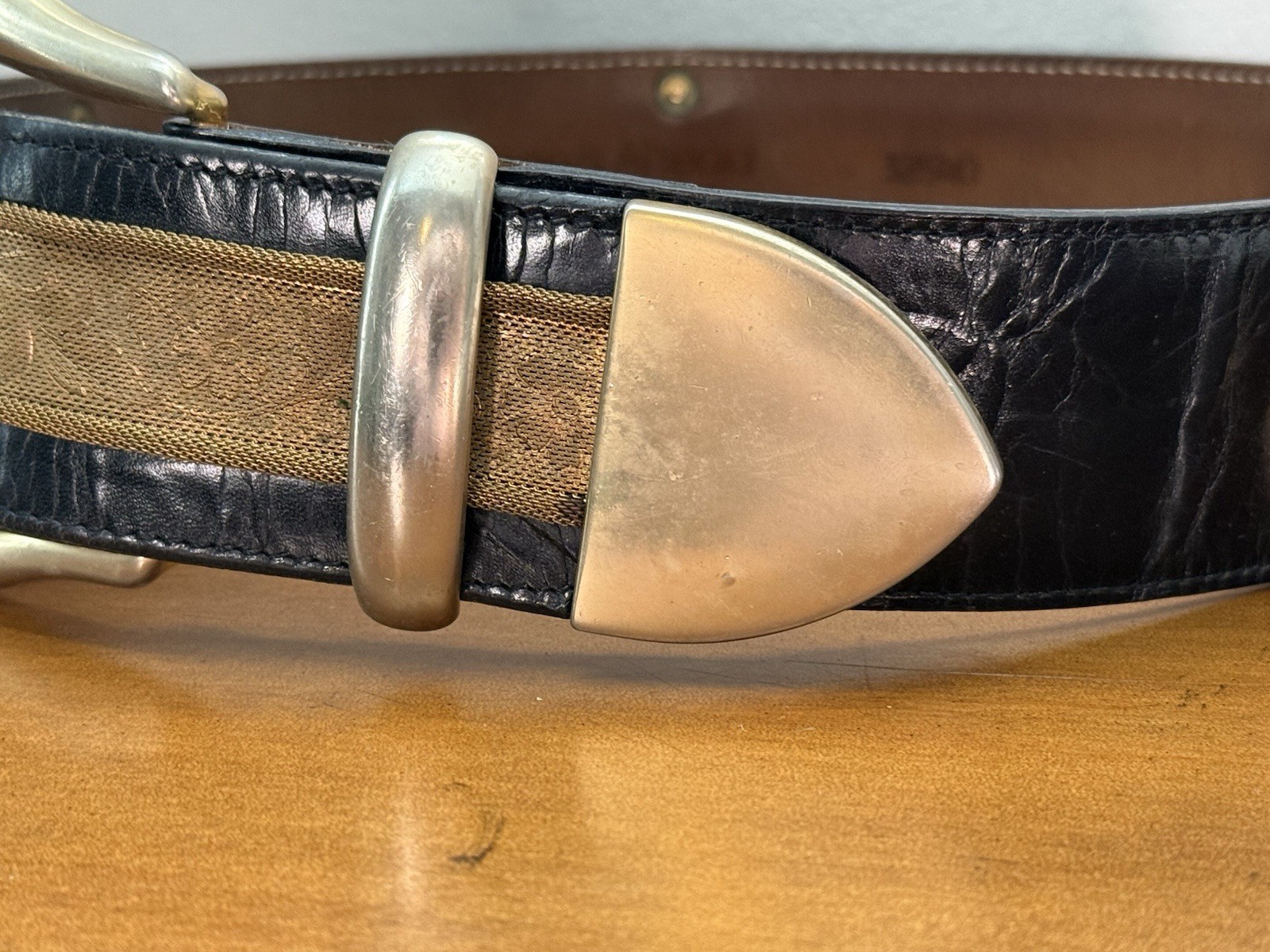 VTG Streets Ahead Gold Metal Mesh Chainmail Black Leather Belt Santa Monica CA