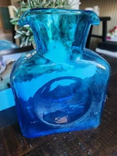 Blenko Art Glass Water Bottle #384 in Azure Blue, Double Spout, Exc.