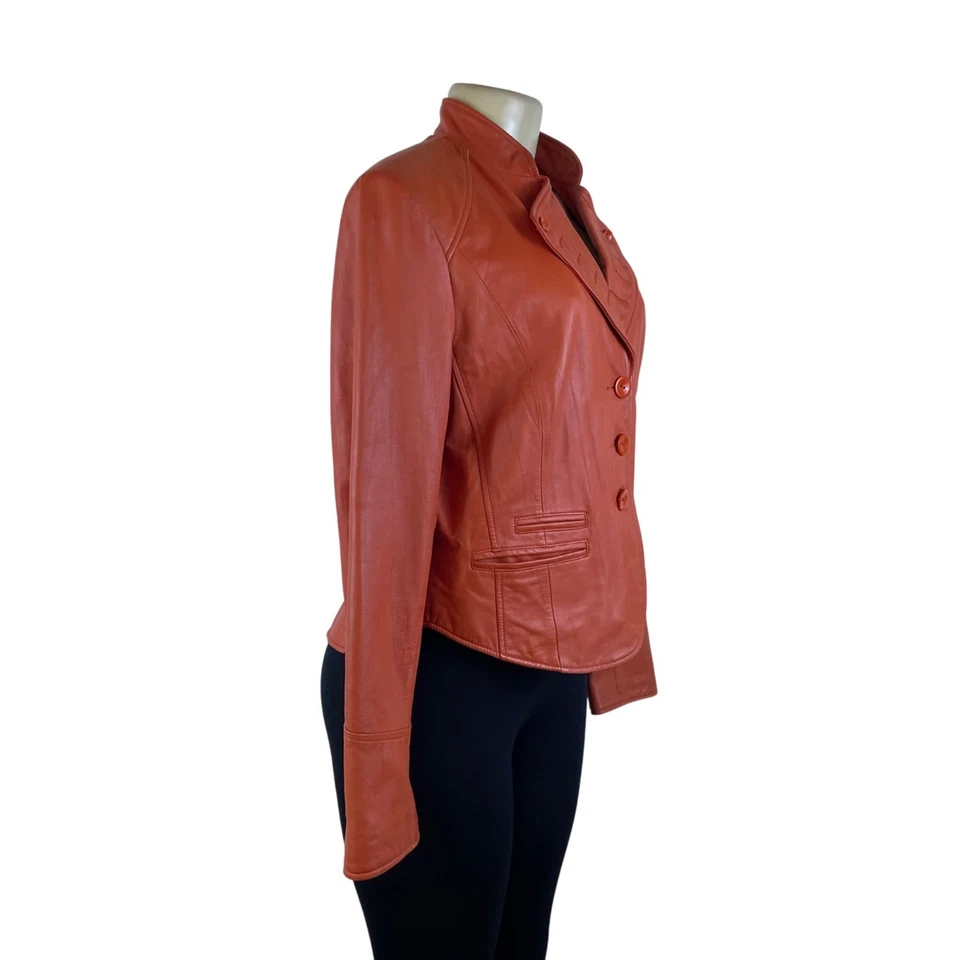 Cache Women's Orange Faux Leather Button-Front Jacket Stylish Fit - Image 3 of 4