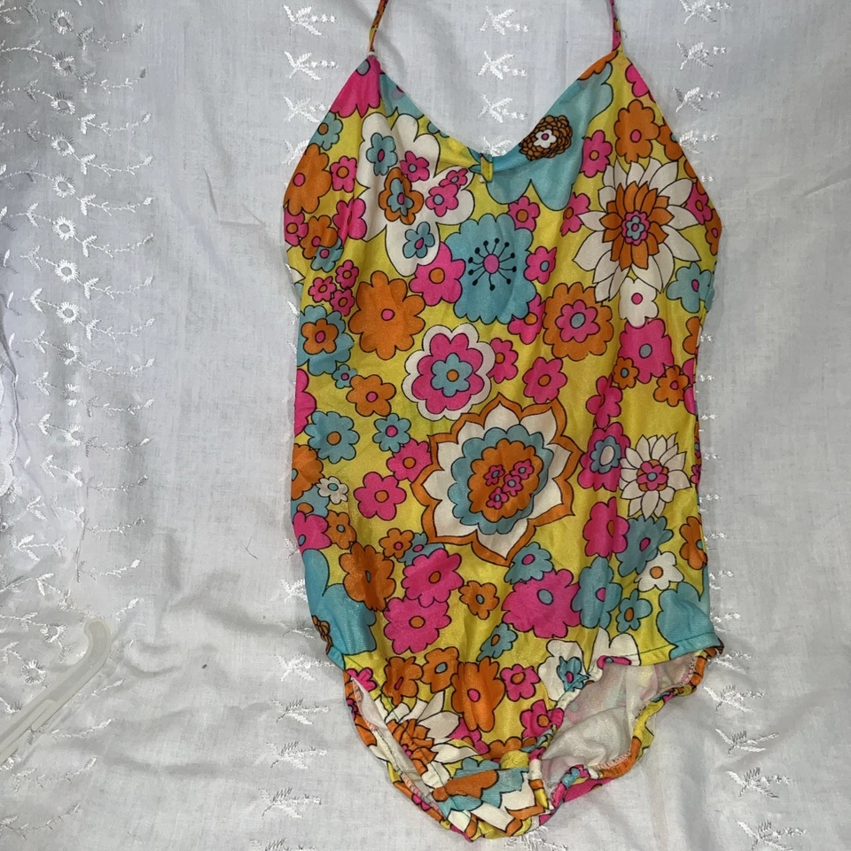 Traje de baño vintage Republic Cellini niñas neón retro flores años 70 talla 12 Foto 4 de 4