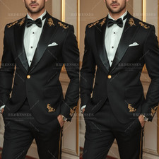 Black Men's Suit Gold Appliqued Peak Lapel Party Wedding Jacket Prom 2Pcs Pants