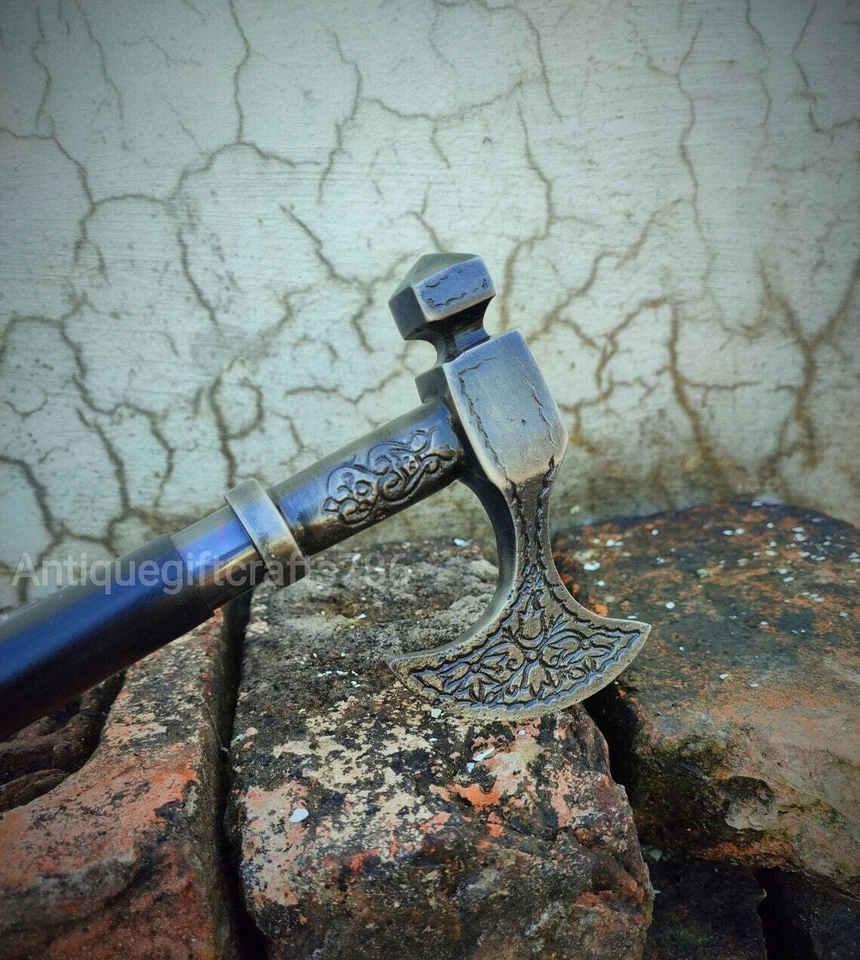 Hacha de peltre antigua sólida bastón bastón de madera estilo hecho a mano Foto 4 de 4