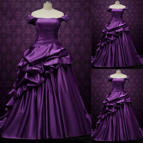 Purple Vintage Wedding Dresses Off the Shoulder Silk Satin Ruffles Bridal Gowns - Picture 1 of 8