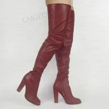 Women Thigh High Boots Round Toe Block Thick Heels Boots Over Knee Shoes Woman