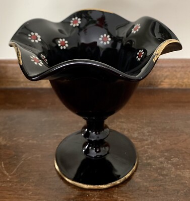 Vintage 30 s Imperial Glass Co.  Cosmos  Daisy Pattern Black Compote 4 3/4  Tall