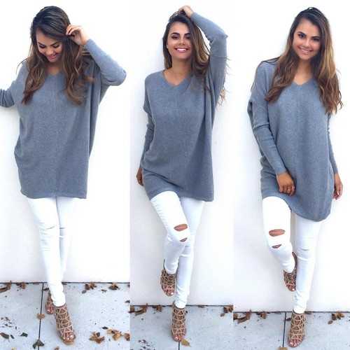 Womens Jumper Ladies Winter Sweater Casual Plain Long Sleeve Pullover Tops - Picture 3 of 13