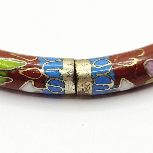 Cloisonné Asian Inspired Red Brown Floral Hand Painted Hinged Bangle Bracelet - Picture 13 of 24