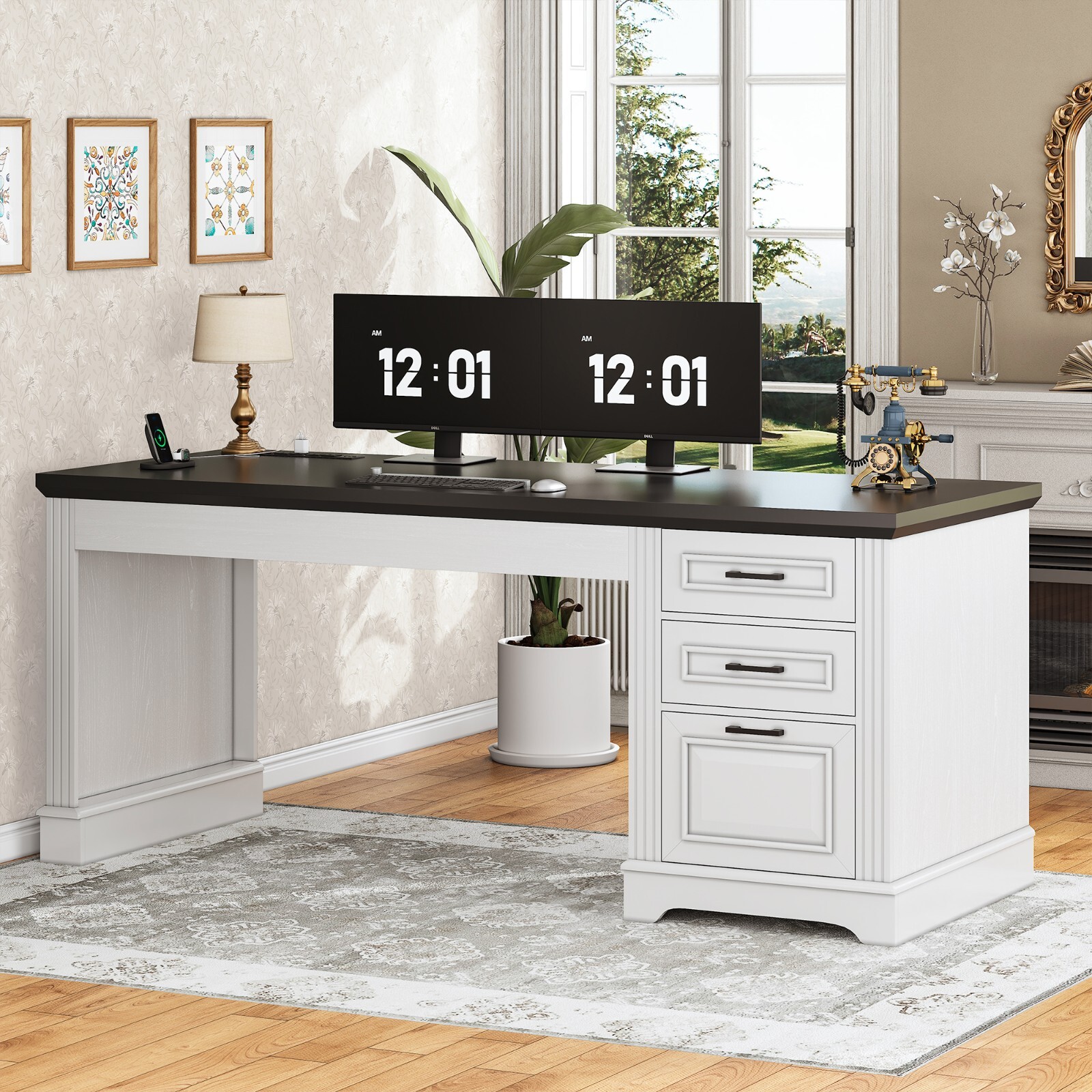 Computer Desk with 3 Drawers, Farmhouse 55" Home Office Desk with Power Outlet