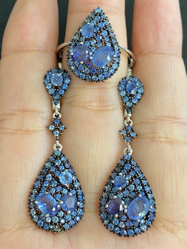 NATURAL SAPPHIRE 6X4, 3,4 MM SAPPHIRE STERLING SILVER 925 RING EARRING - 第 1/13 張圖片