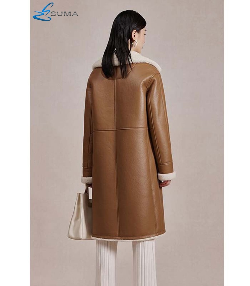 Ｍ Women Brown Shearling Faux Leather / Real Leather Long Winter Coat