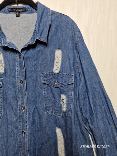 New Look Denim Shirt Women's Large Blue 100% Cotton Pockets Distressed Button-Up - Picture 5 of 16