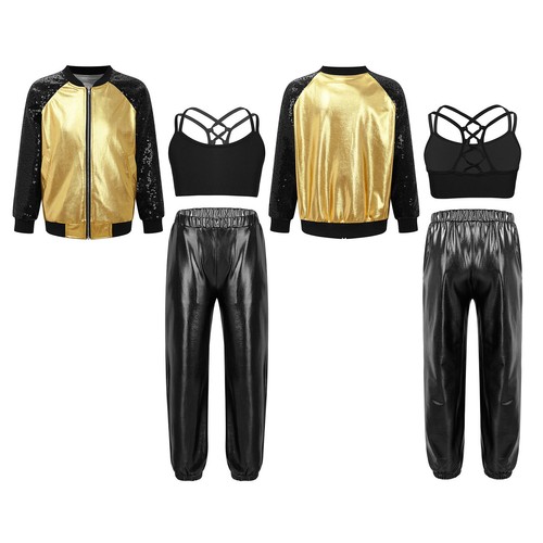 Kids Girls Outfits Jazz Tracksuits Performance Set Shiny Jacket Metallic Vest - Picture 34 of 103