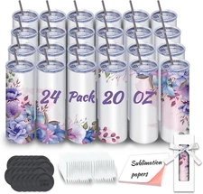 Sublimation Tumblers Bulk 20 Oz Skinny, 24 Pack Stainless Steel Double Wall Insu