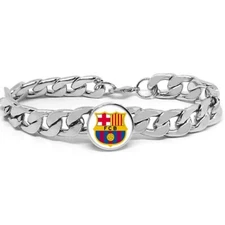 FC Barcelona Soccer Futbol Silver Mens Curb Link Chain Bracelet w Gift Pkg D4