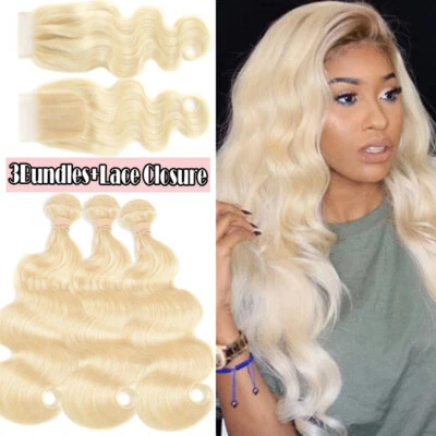 SEGO Blonde 3Bundles with Swiss Closure Thick Brazilian Virgin Human Hair Weave Weft