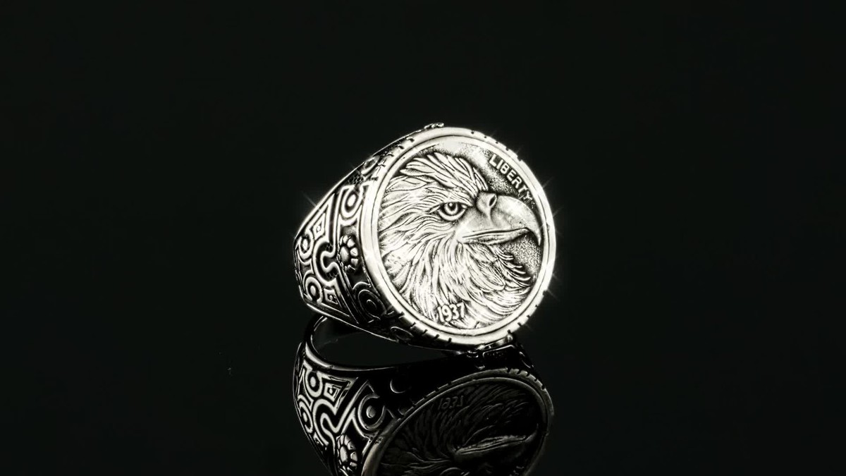 Real 925 Sterling Silver Mens Coin Ring USA Eagle American Liberty