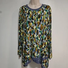 LOGO by Lori Goldstein Size L Blue Rayon 230 Printed Top w/ Crossover Hem Size L