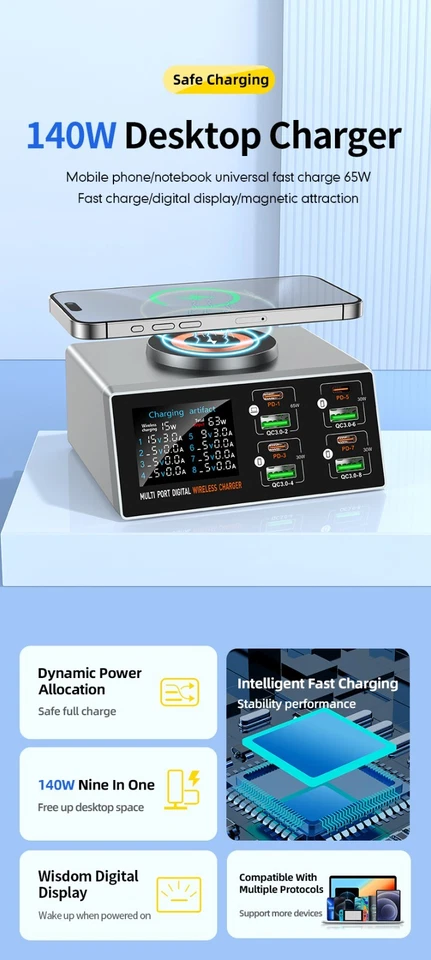 140W WirelessCharg Multifunctional 9Port Smart Fast USB Charger for Phone Tablet - Image 2 of 4