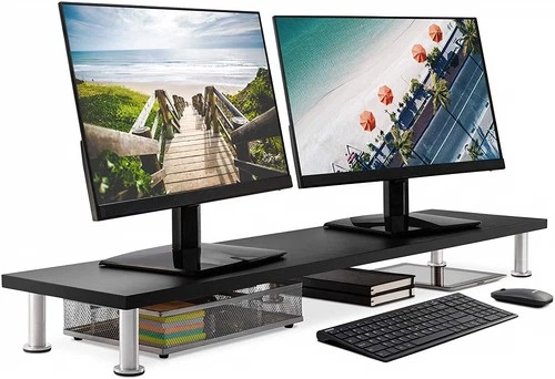 Large Dual Monitor Stand for Computer Screens Solid Bamboo Supports Black