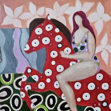 Painting Original Woman Figure Red Horse  GALLERY WRAPPED CANVAS  16x16x1.5 