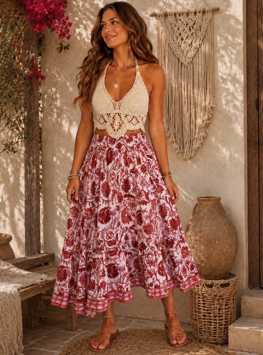 Boho Floral Midi Skirt Ivory Red Pink Print Elastic Waist Ruffle Hem Linen Blend