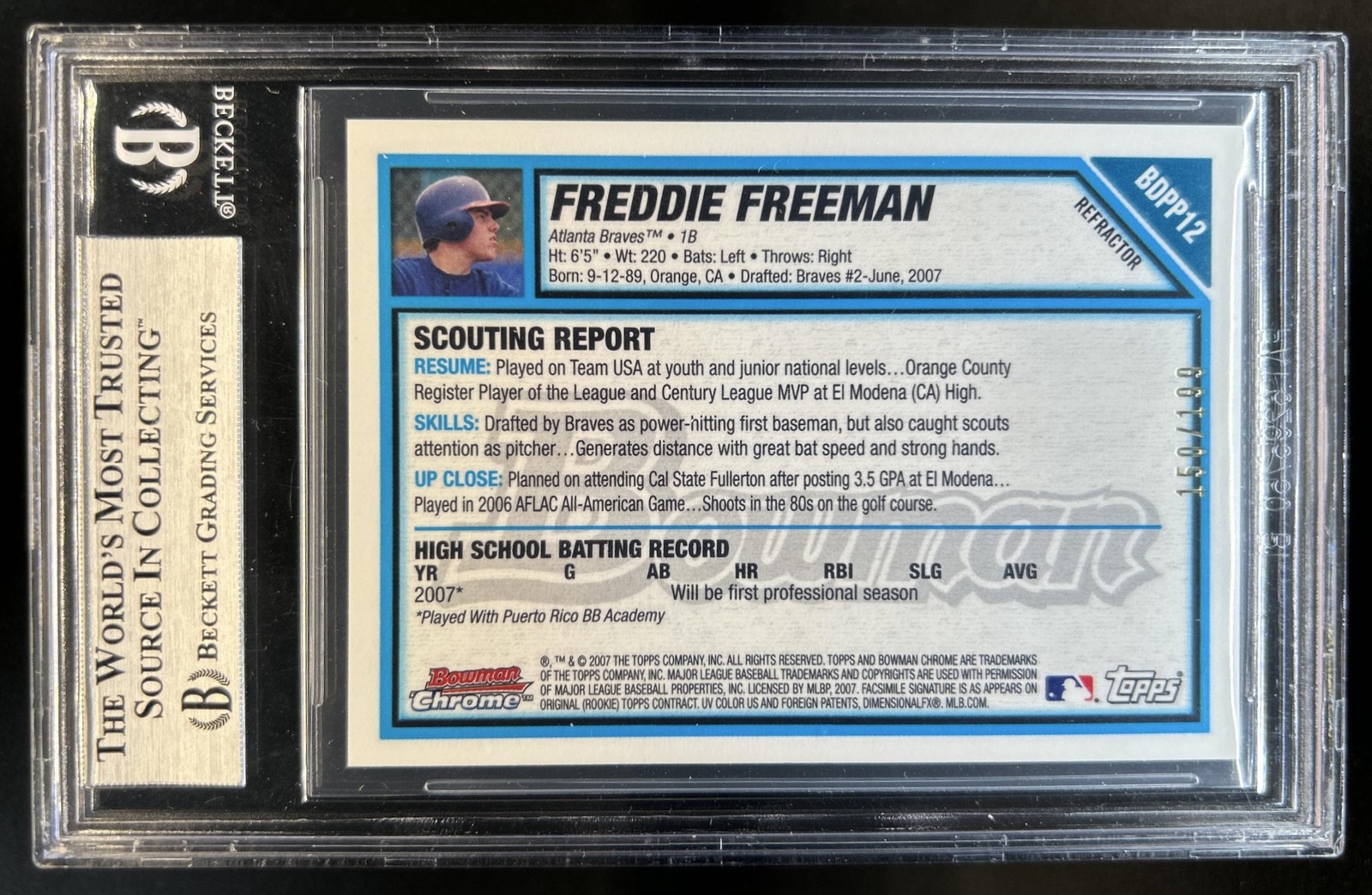 2007 Bowman Draft & Prospects Freddie Freeman Chrome Blue Refractor #/199 BGS 9 view 2