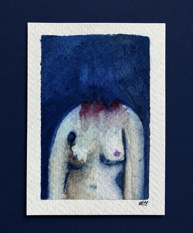 ACEO Original Watercolor Headless Woman 2.5x3.5 Depression Expressionist Horror
