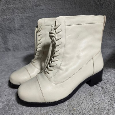 David Tate Explorer Lace Up Zip Cream Leather Ankle Boots 8 WW Extra Wide NEW