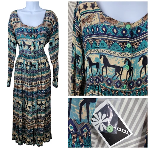 PALM ANGELS Abito vintage NUOVO garza piccolo boho stropicciato midi boho tribale cavallo uccellino blu marrone